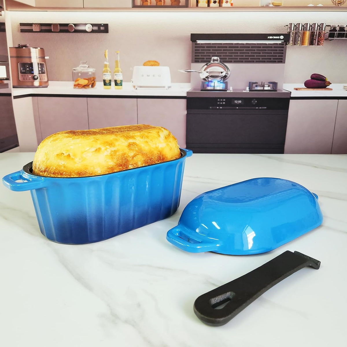Dutch Oven Enameled Cast Iron Bread Pan with Lid Sourdough Loaf Pans for Baking Bread Large Heavy Oval Bread Dutch Oven with Movable Handle 4 Qt Blue Dishwasher Safe - HomeSpice