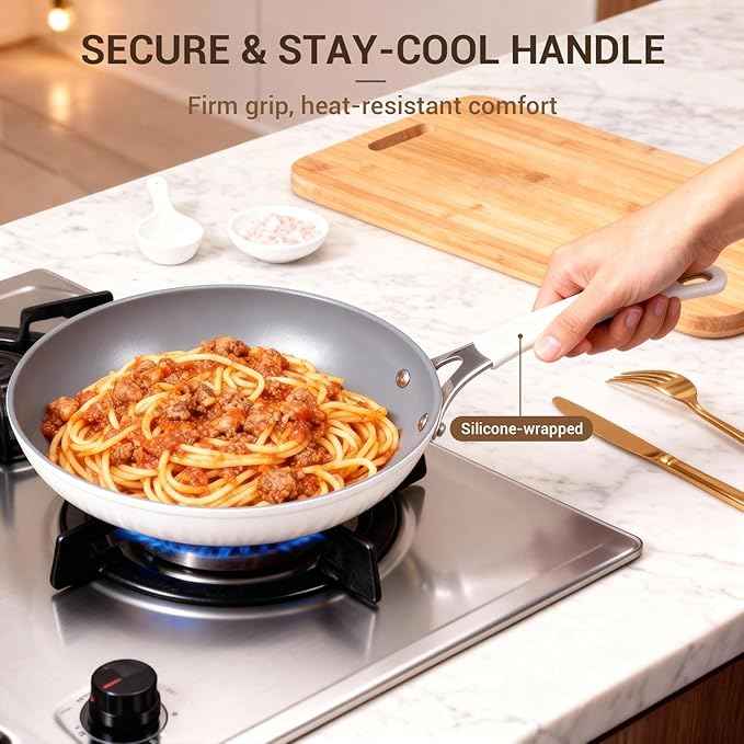 Ammeloo 15-Piece Ribbed Ceramic Cookware Set, Pots and Pans Set Non Stick, Induction Ready, Healthy Non Toxic Kitchen Cooking Set PFAS/PFOA/PTFE-Free, Silicone-wrapped Stay-Cool Handle