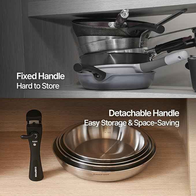 316 Stainless Steel Removable Handle Cookware, 5-Ply Stackable Cookware Set, 6-Piece Pans with Universal Lid, Induction Compatible, Oven & Dishwasher Safe