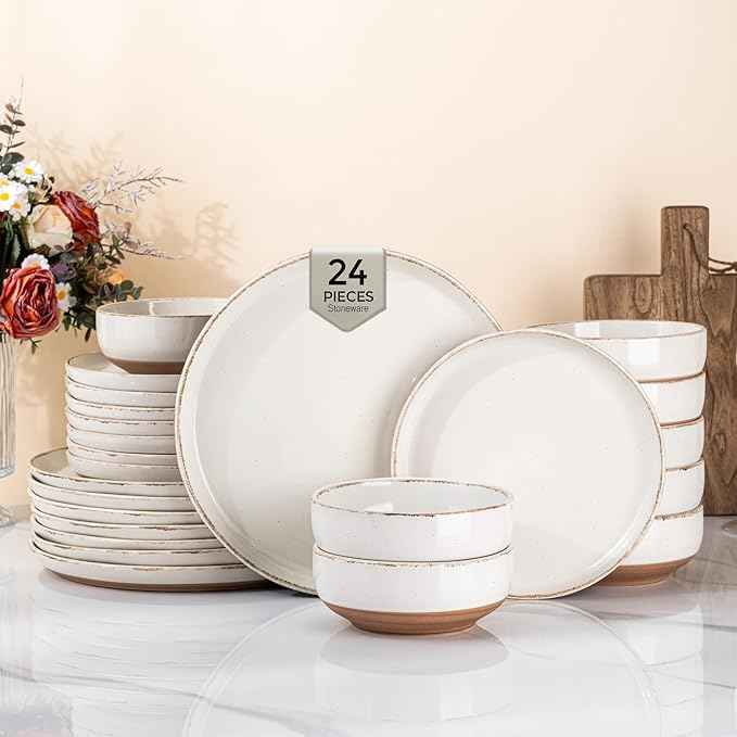 AmorArc 24 Pieces Ceramic Dinnerware Sets for 8, Handpainted Stoneware Plates and Bowls Set with Rustic Terracotta Underside, Scratch Resistant Dishes Set, Dishwasher & Microwave Safe
