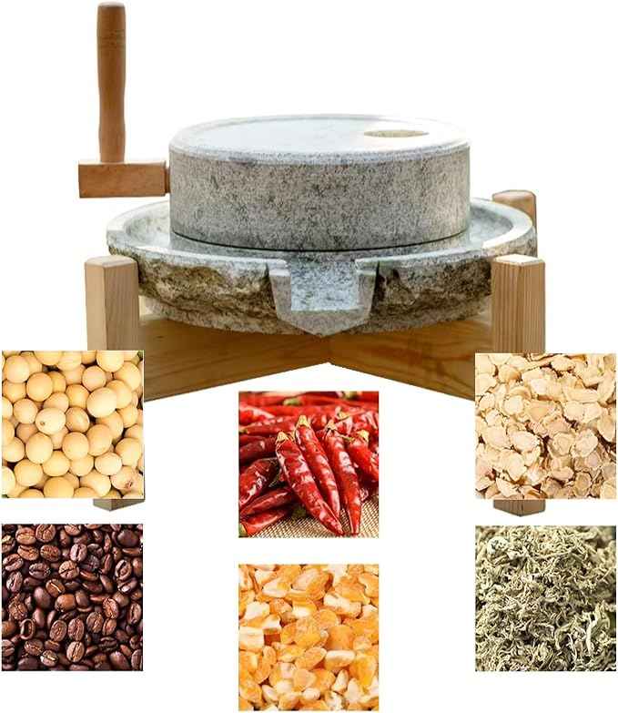 Manual Stone Grain Mill with Wooden Base for Grinding Flour, Rice, Spices, Beans, Wheat, Coffee – Premium Quality, Adjustable Coarseness, Vintage Kitchen Tool