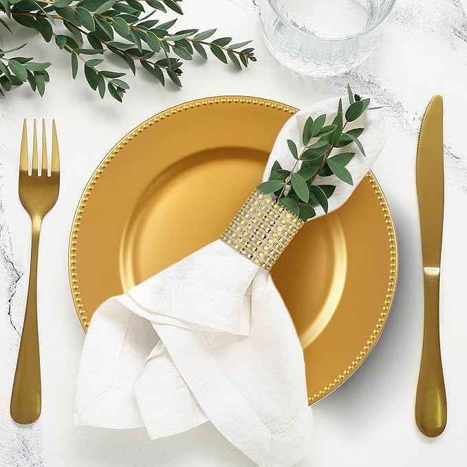 200pcs Gold Charger Plates With Napkin Rings Set Include 100 Gold Beaded Charger Plates 100 Napkin Rings, 13 Inch Plastic Round Chargers for Dinner, Wedding, Birthday, Party, Banquet, Table Setting