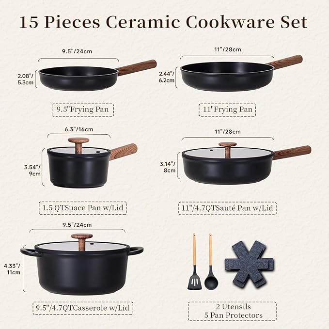JEETEE Ceramic Cookware Set, 15 PCS Pots and Pans Set Non Stick with Removable Handles, Non Toxic Induction Kitchen Cookware Sets, Oven Safe PFAS/PFOA Free Black