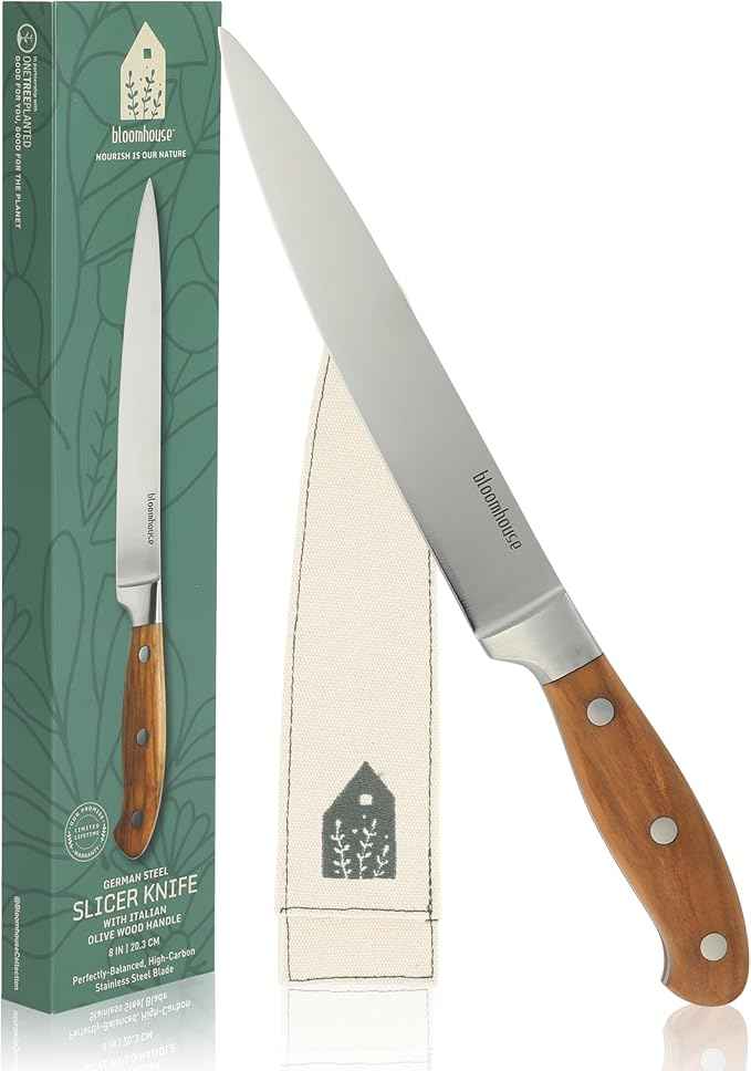 Bloomhouse 8-Inch Slicing Knife – German Stainless Steel Carving Blade with Forged Italian Olive Wood Handle, Full Tang Knife for Meat, Roasts & BBQ