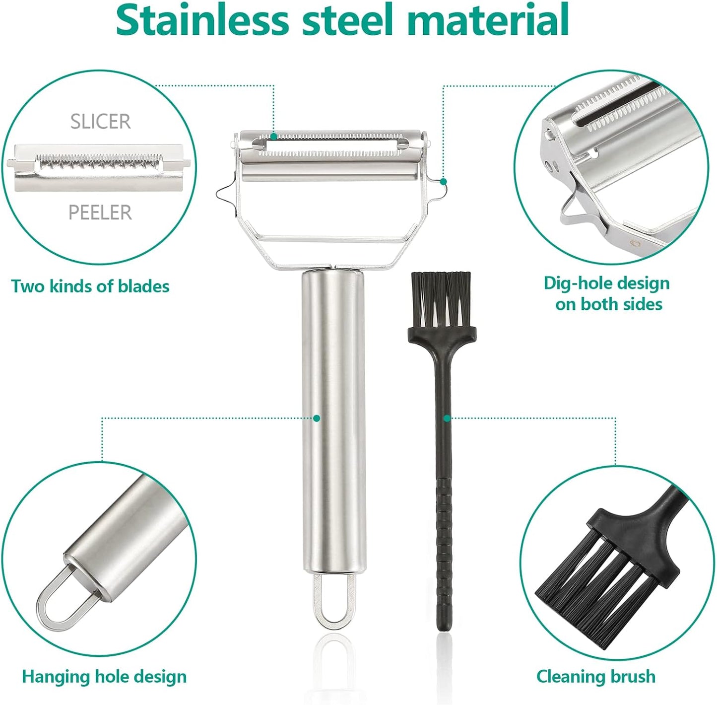 Stainless Steel Peeler Julienne Cutter Slicer for Carrot Potato Melon Vegetable and Fruit with Cleaning Brush - HomeSpice