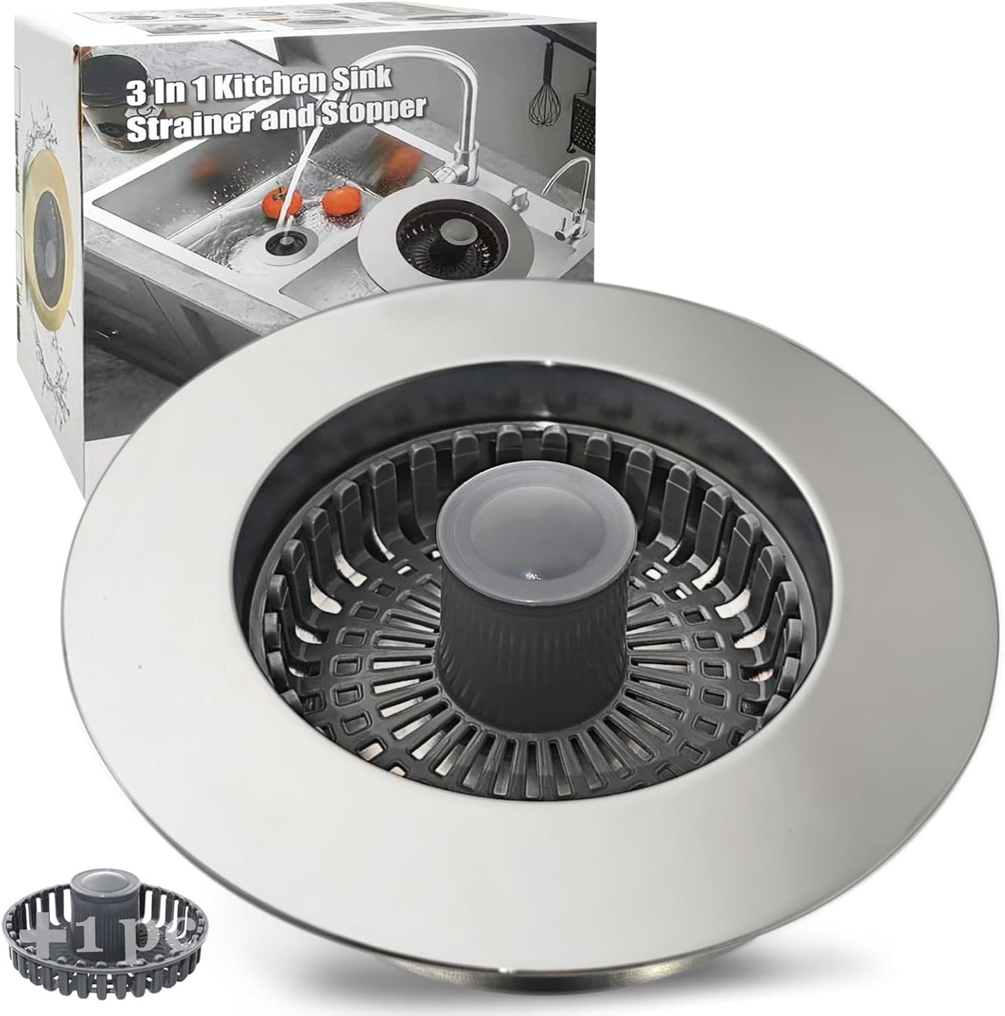 Kitchen Sink Drain Strainer, 3 in 1 Pop Up Kitchen Sink Stopper, with An Extra Basket Strainer, Universal for US Standard 3-1/2 Inch, Chrome Silver
