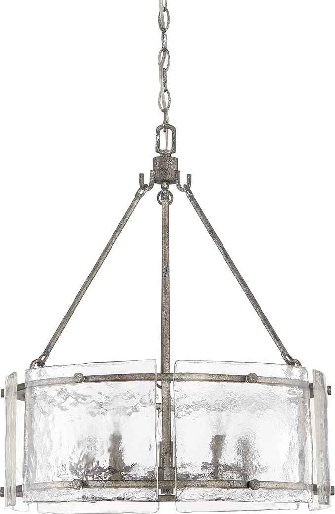 Quoizel Fortress Pendant Lighting, 21 Inch 5-Light Mottled Silver Drum Light, Max Adjustable Height 77", Textured Glass Pendant Light for Kitchen Island, Dining, Hallway or Bedroom