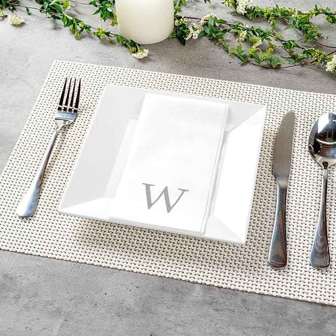Luxenap 15.8 X 7.9 Inch Linen-Feel Guest Towels, 2000 Lettered Hand Towels - Silver Letter 'W', Sans Serif Font, White Paper Dinner Napkins, airlaid, For Restrooms And Tables - Restaurantware