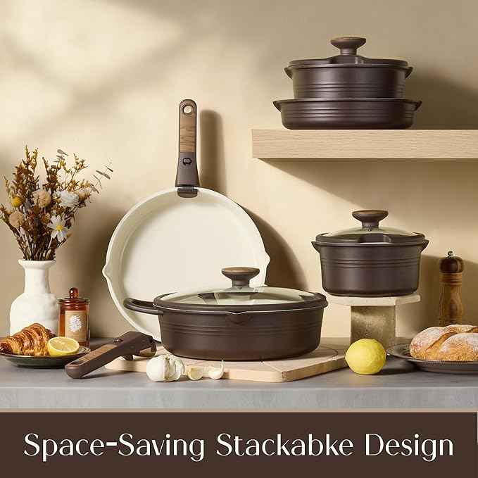 CAROTE 22Pcs Titanium Cookware Set, Pots and Pans Set Non Stick, Kitchen Cooking Set with Detachable Handle, Non Toxic Induction Cookware, Dishwasher/Oven Safe, Browm