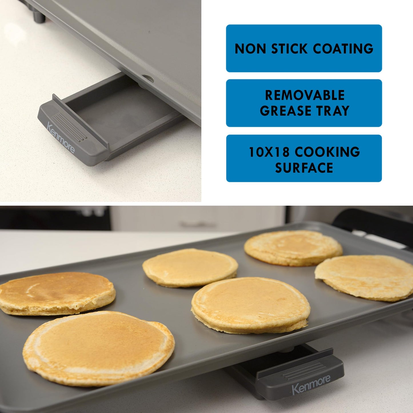Kenmore Electric Griddle NonStick 1500W Adjustable Temperature 10"x18" Easy to Clean Large Cooking Surface Ideal for Pancakes Grilled Cheese Breakfast and Family Meals
