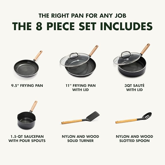 GreenPan Hudson Healthy Ceramic Nonstick, 8 Piece Cookware Pots and Pans Set, Vintage Wood Inspired Handle, PFAS-Free, Dishwasher Safe, Black