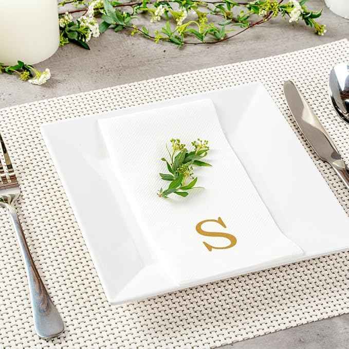 Luxenap 15.8 X 7.9 Inch Linen-Feel Guest Towels, 50 Lettered Hand Towels - Gold Letter 'S', Sans Serif Font, White Paper Dinner Napkins, airlaid, For Restrooms And Tables