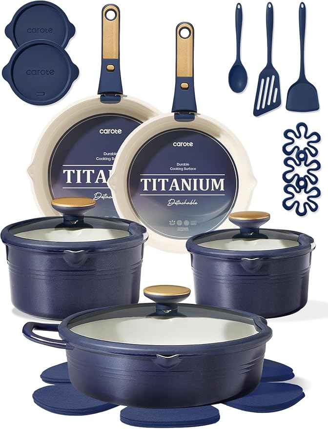 CAROTE 22Pcs Titanium Cookware Set, Pots and Pans Set Non Stick, Kitchen Cooking Set with Detachable Handle, Non Toxic Induction Cookware, Dishwasher/Oven Safe，Blue