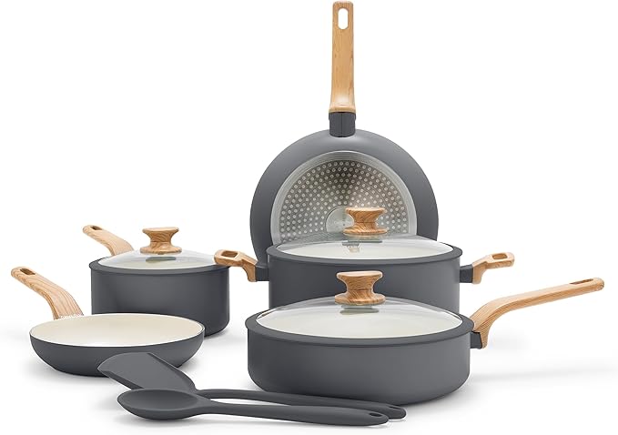 GreenPan Rio Essence Wood 10 Piece Cookware Pots and Pans Set, Healthy Ceramic Nonstick, PFOA & PFAS-Free Coating, Induction, Silicone Rim Lids, Stay-Cool Wood Print Handles, Dishwasher Safe, Gray