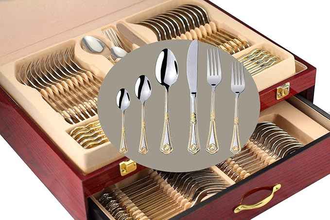Venezia Collection Gold Flatware Serving Set for 12, 75-Pc Luxury Dining Silverware Cutlery Service, 24 Kt 18/10 Premium Surgical Stainless Steel Hostess Set in a Wooden Storage Case Chest