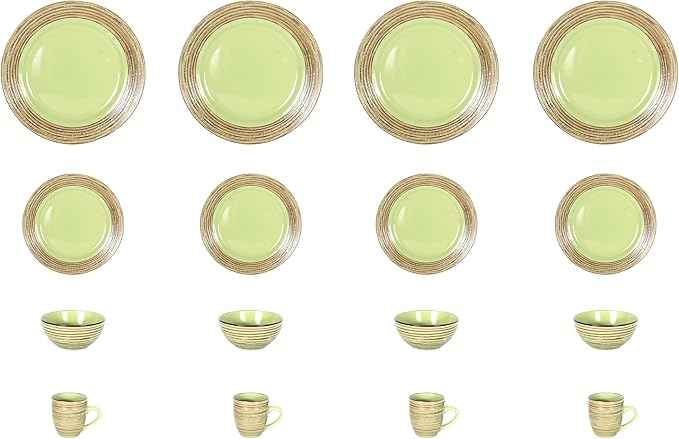 16 Piece Dinnerware Set, Ceramic Plates and Bowls Sets for 4, Microwave and Dishwasher Safe, Handcrafted Tree Bark Series Dish Set, Oak Forest/Dark Green