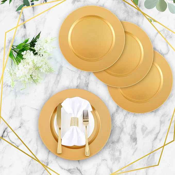 Tanlade 50 Pcs 13 Inch Charger Plates Bulk Round Wedding Chargers Plastic Dinner Plates for Table Setting Wedding Party Decoration (Gold)
