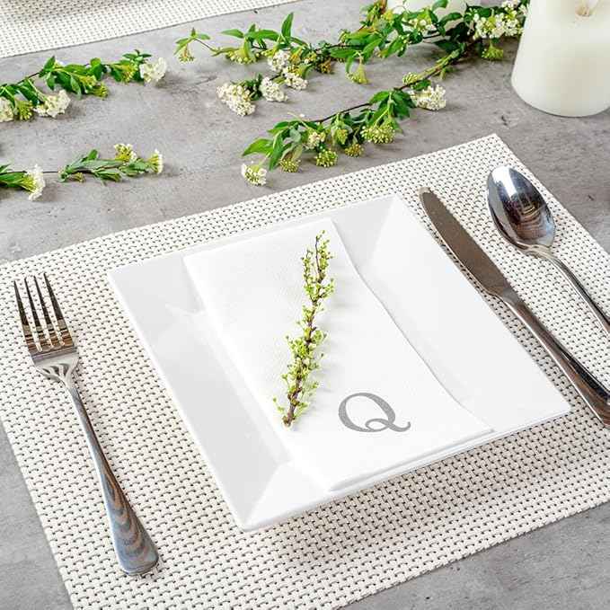 Luxenap 15.8 X 7.9 Inch Linen-Feel Guest Towels, 50 Lettered Hand Towels - Silver Letter 'Q', Sans Serif Font, White Paper Dinner Napkins, airlaid, For Restrooms And Tables - Restaurantware
