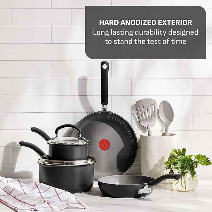 T-Fal Ultimate Hard Anodized Ceramic Nonstick 8 Piece Cookware Set, Oven Safe Up to 400°F, Dishwasher Safe, Pots and Pans Set, Includes Frying Pans, Saucepan, Cooking Utensils, Grey