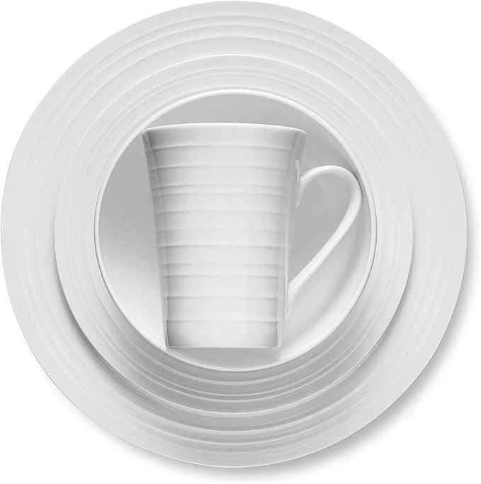 Stone Lain Eleanor Bone China 16 Piece Dinnerware, Plates and Bowls for 4, White Dish Collection with Mugs, Elegant Swirl Design, Microwave & Dishwasher Safe