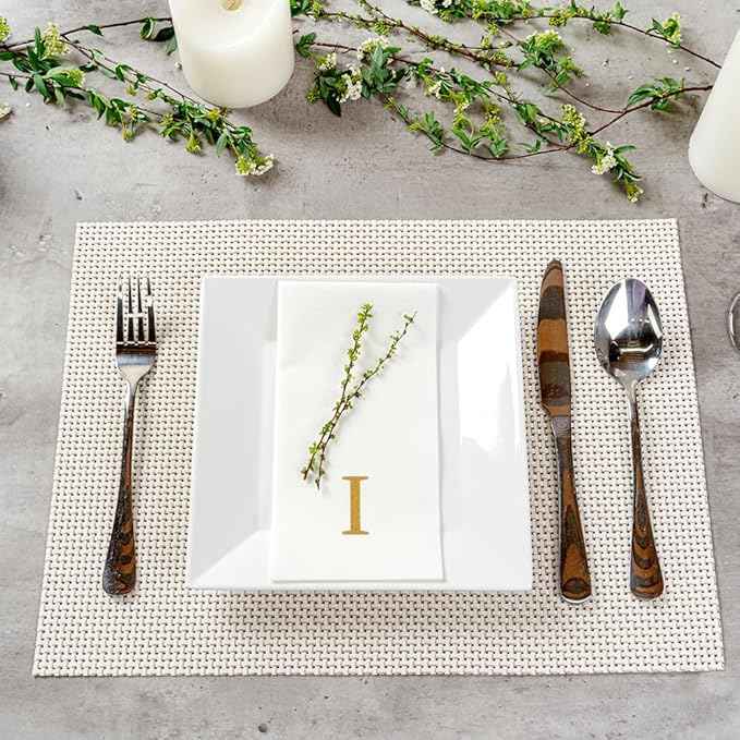 Luxenap 15.8 X 7.9 Inch Linen-Feel Guest Towels, 2000 Lettered Hand Towels - Gold Letter 'I', Sans Serif Font, White Paper Dinner Napkins, airlaid, For Restrooms And Tables