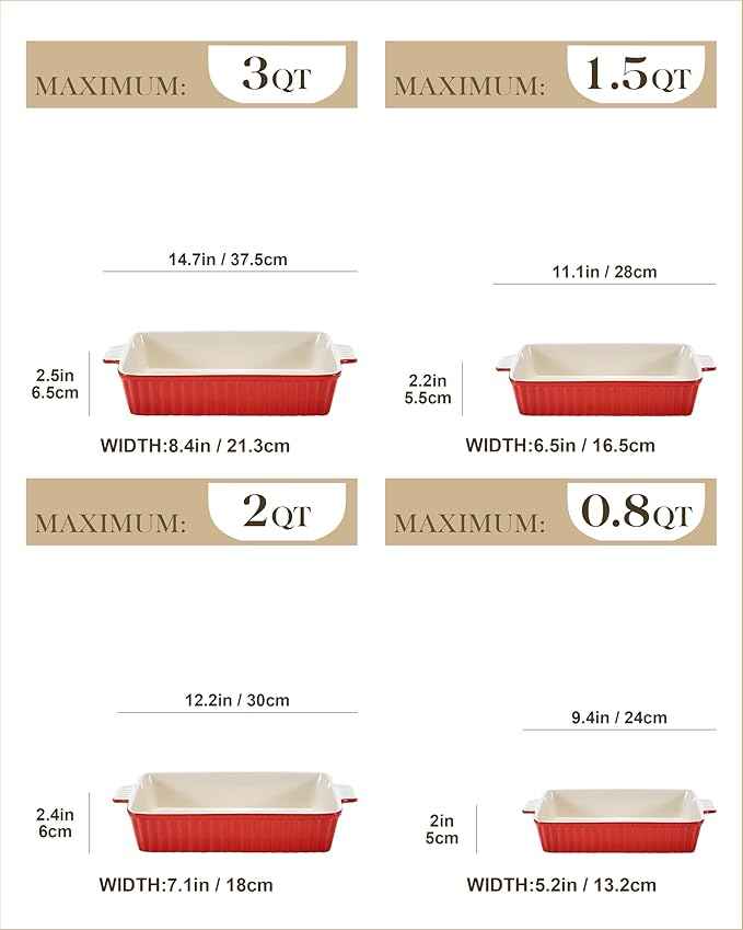 Bakeware Set of 4, MALACASA Porcelain Baking Pans Set for Oven, Casserole Dish, Ceramic Rectangular Baking Dish Lasagna Pans for Cooking Cake Pie Dinner Kitchen, Red (9.5"/11.25"/12.75"/14.5")