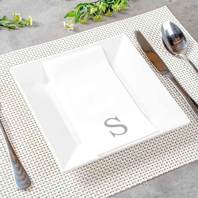 Luxenap 15.8 X 7.9 Inch Linen-Feel Guest Towels, 2000 Lettered Hand Towels - Silver Letter 'S', Sans Serif Font, White Paper Dinner Napkins, airlaid, For Restrooms And Tables - Restaurantware