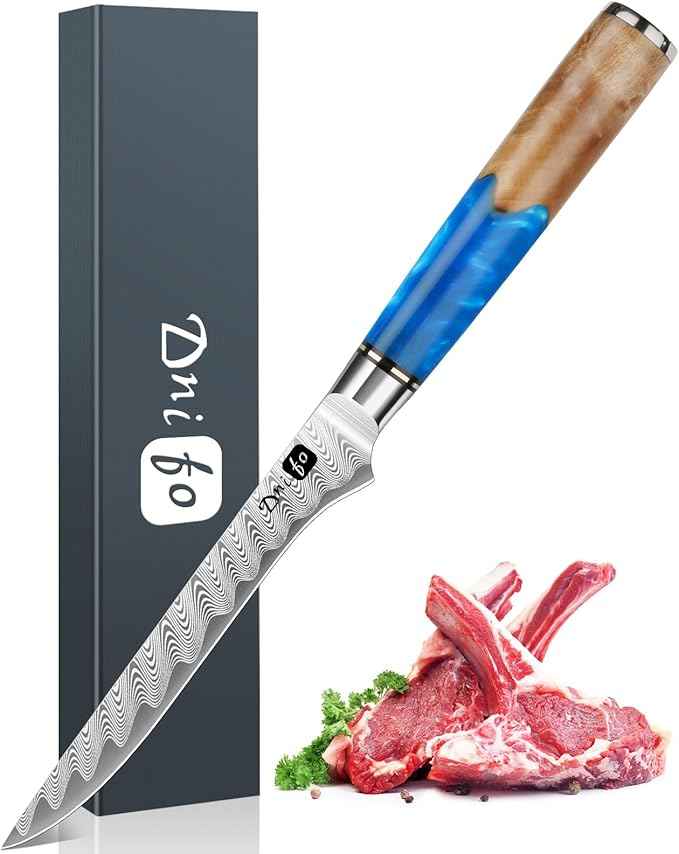 Damascus Boning Knife 6 Inch,VG10 Core Steel with 66-Layers High Carbon,Professional Boning Knives for Meat Poultry Chicken,Blue Resin & Wood Handle,Ideal Gift for Chefs and Cooking Lovers
