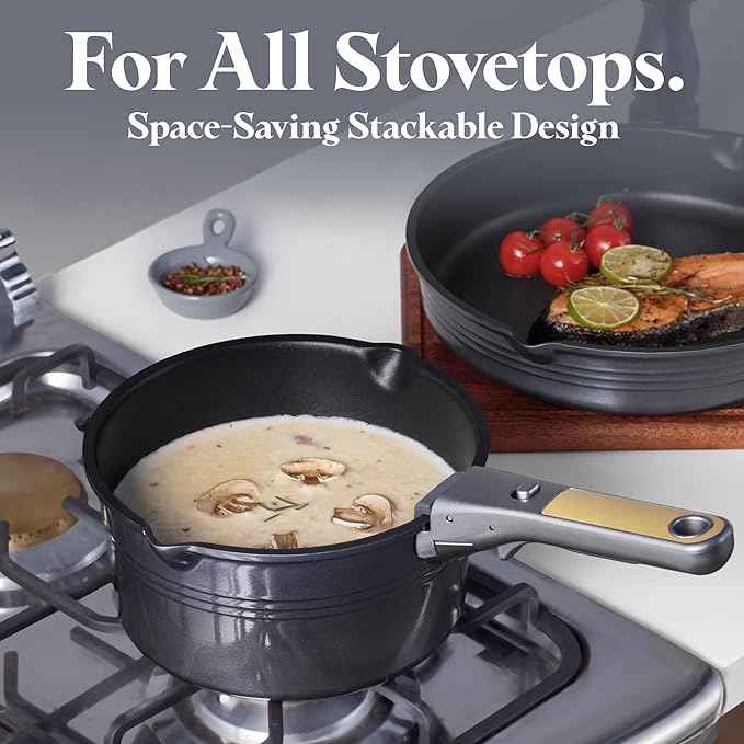 CAROTE 17Pcs Titanium Pots and Pans Set, Cookware Set Nonstick, Kitchen Cooking Set with Detachable Handle, RV/Camping Cookware, Dishwasher/Oven Safe, Grey