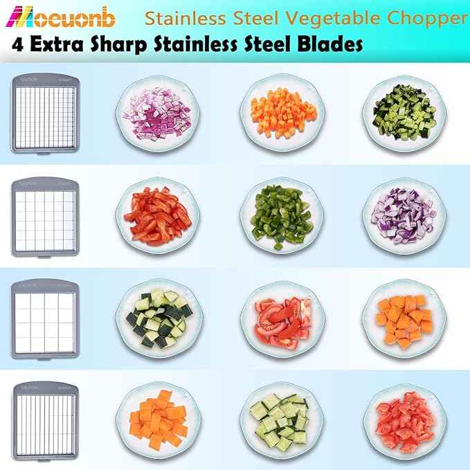 Stainless Steel Vegetable Chopper with 4 Blades - Pro Food Chopper with Container - Veggie Salad Onion Chopper - Potato Dicer - Tomato Cutter