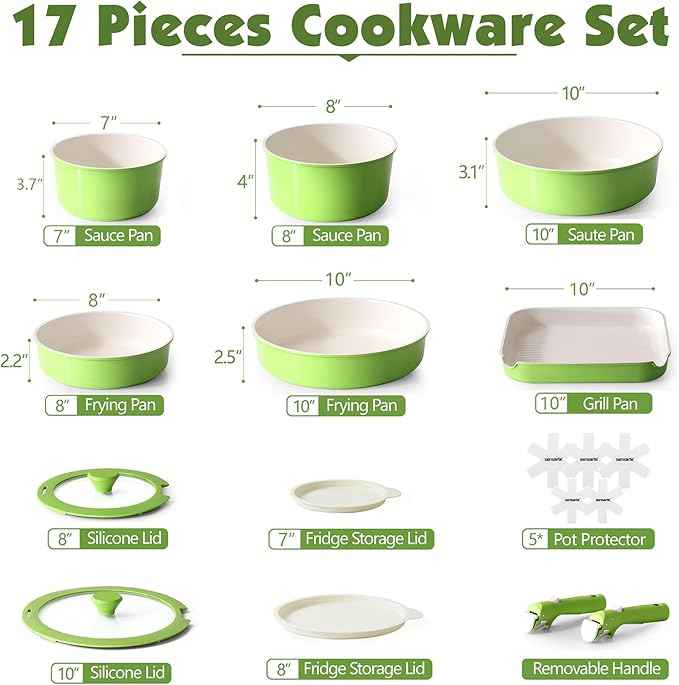 SENSARTE 17 Piece Ceramic Pots and Pans Set, Nonstick Detachable Handle Cookware, Induction Kitchen Cookware Set with Removable Handle, Dishwasher ＆ Oven Safe (Green)