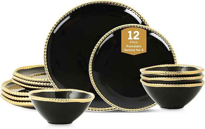 Christian Siriano Akoya Porcelain Dinnerware Set, 12-Piece - Dish Set for 4, Plates and Bowls Set, Black and Gold