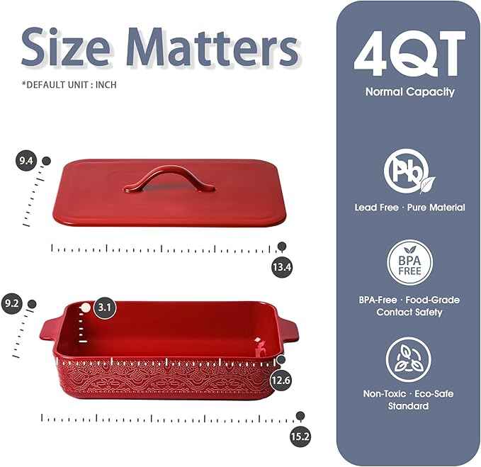 Casserole Dish with Lid, Ceramic 9x13 Casserole Dish for Oven, Rectangular Bakeware, Large Baking Dish with Handles for Holiday Cooking, Roasting, Baking, Oven & Microwave Safe (Red)
