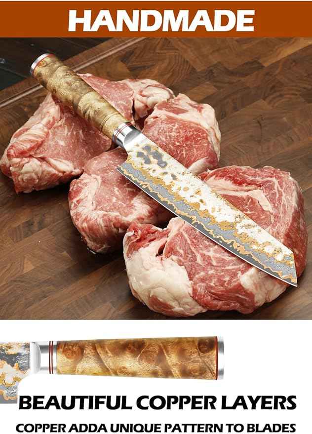 YOUSUNLONG Kiritsuke Chef Knife - 8 Inch Japanese Copper Damascus Steel Blade - Razor Sharp Kitchen Knives - Handmade Cooking Knife - Naturel Burl Wooden Handle with Leather