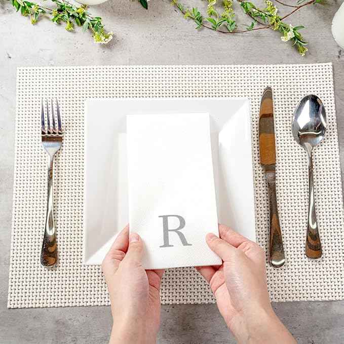 Luxenap 15.8 X 7.9 Inch Linen-Feel Guest Towels, 2000 Lettered Hand Towels - Silver Letter 'R', Sans Serif Font, White Paper Dinner Napkins, airlaid, For Restrooms And Tables - Restaurantware