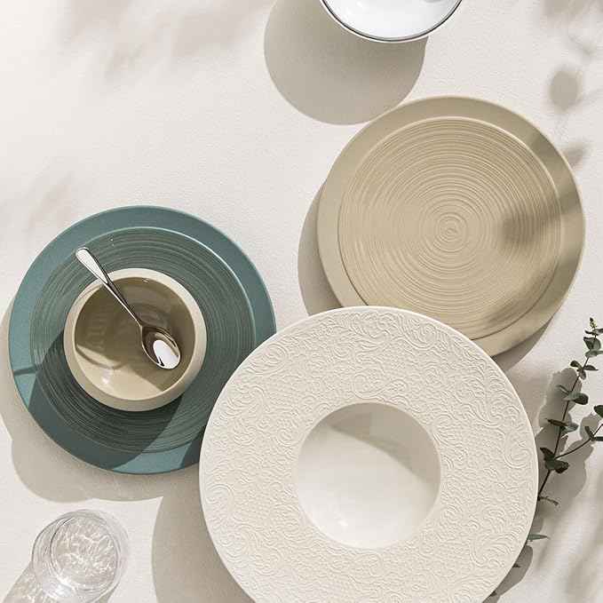 DEGRENNE Bahia French Salad Plate Set - Luxury Stoneware Dish Set for 4, Modern Ceramic Dishware for Kitchen, Made in France, Microwave Safe, Dishwasher Safe, 9” - Dune
