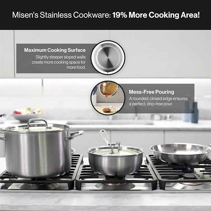 Misen 5-Ply Stainless Steel Cookware Set - Versatile, Dishwasher Safe - 9-Piece Set - 10" Skillet, 12" Skillet + Lid, 3 QT Saute Pan + Lid, 3 QT Saucier + Lid, 8 QT Stockpot + Lid