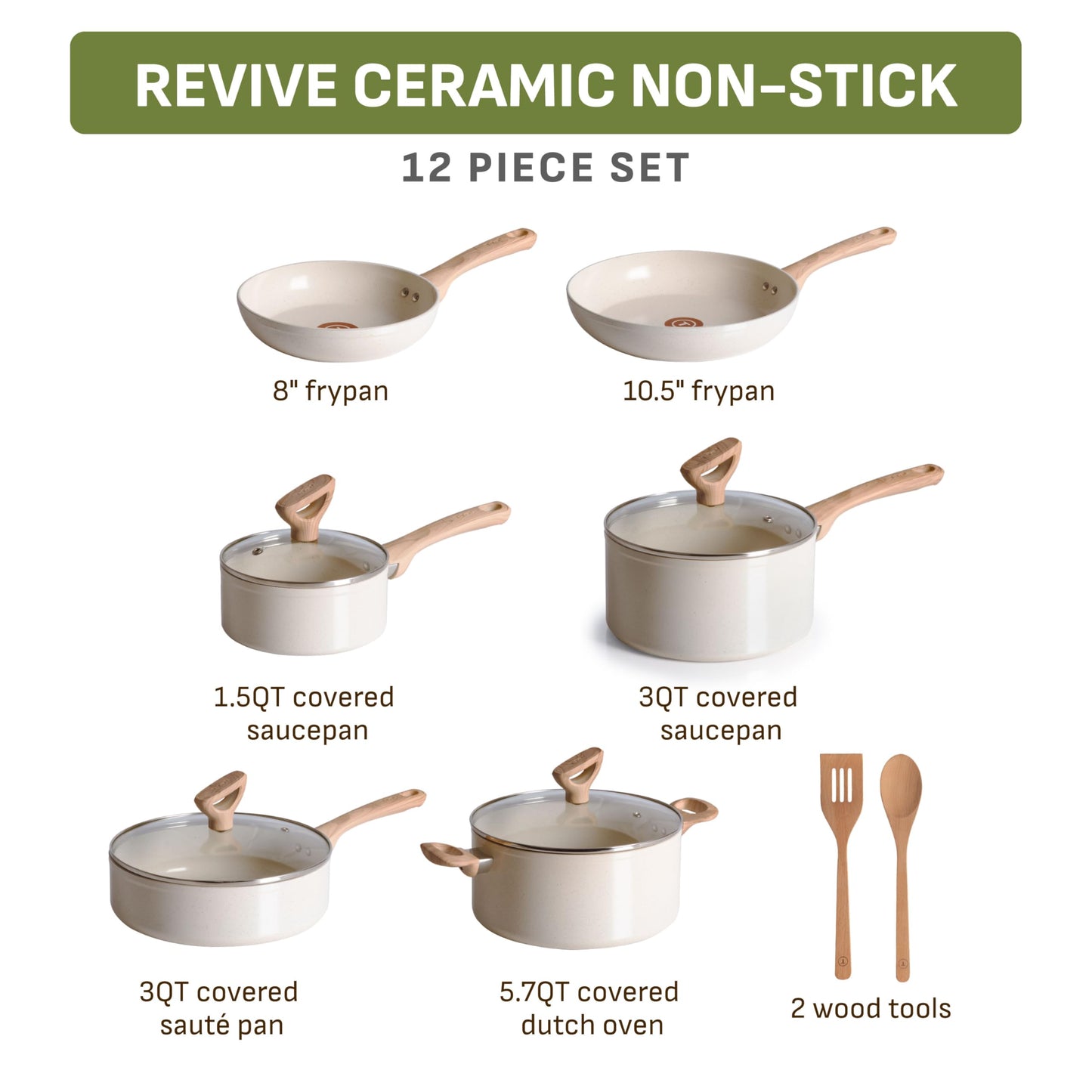 Revive Ceramic Nonstick Pots and Pans Set (Beige Granite / 12-Piece)