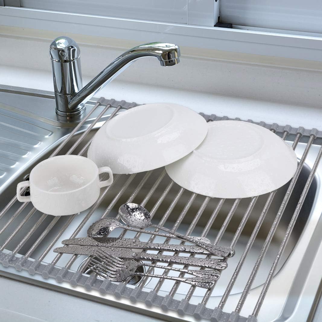 Roll Up Dish Drying Rack Over The Sink 17.7"(L) x 15.6"(W), Multipurpose Foldable Stainless Steel Kitchen Rollable Drainer Rack, Gray
