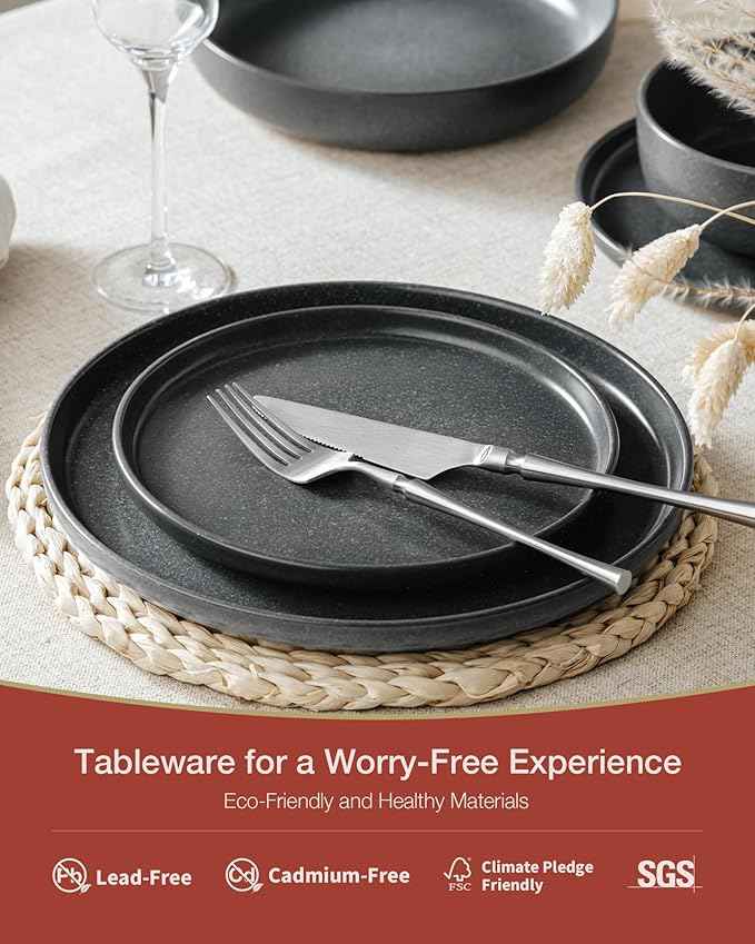 Famiware Milkyway Stoneware Dinnerware Sets with Mugs, Service for 4 (16 Pieces), Reactive Glaze Plates and Bowls Sets, Microwave and Dishwasher Safe Dishes Set, Matte Dark Charcoal
