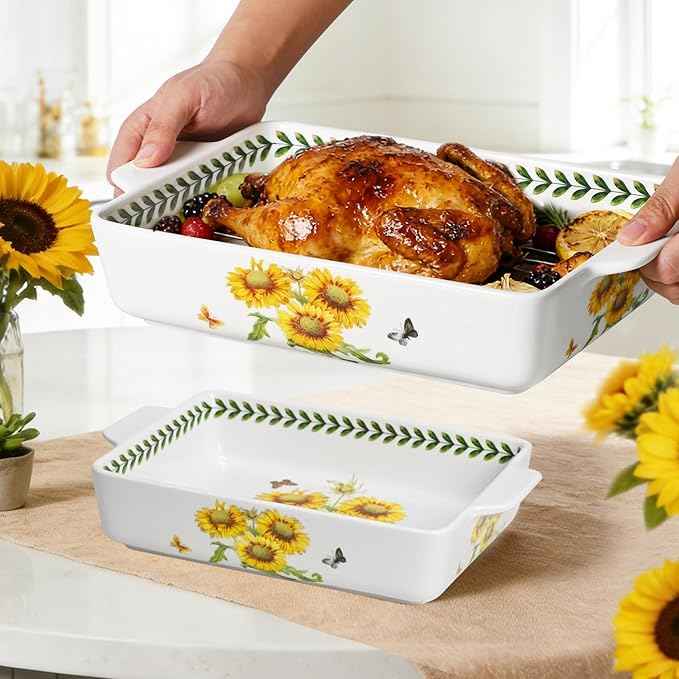 ACMLIFE Ceramic Casserole Dish Set, Ceramic Baking Dish for Oven, Casserole Dish Bakeware Set, Casserole Dishes for Oven, Lasagna Pan, Large Baking Dishes with Handles, Microwave, Dishwasher Safe, Gift Packaging Floral 2 Pcs Set(13"x8"+10.3"x6.3") (Sun...