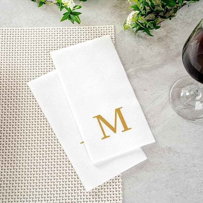Luxenap 15.8 X 7.9 Inch Linen-Feel Guest Towels, 50 Lettered Hand Towels - Gold Letter 'M', Sans Serif Font, White Paper Dinner Napkins, airlaid, For Restrooms And Tables
