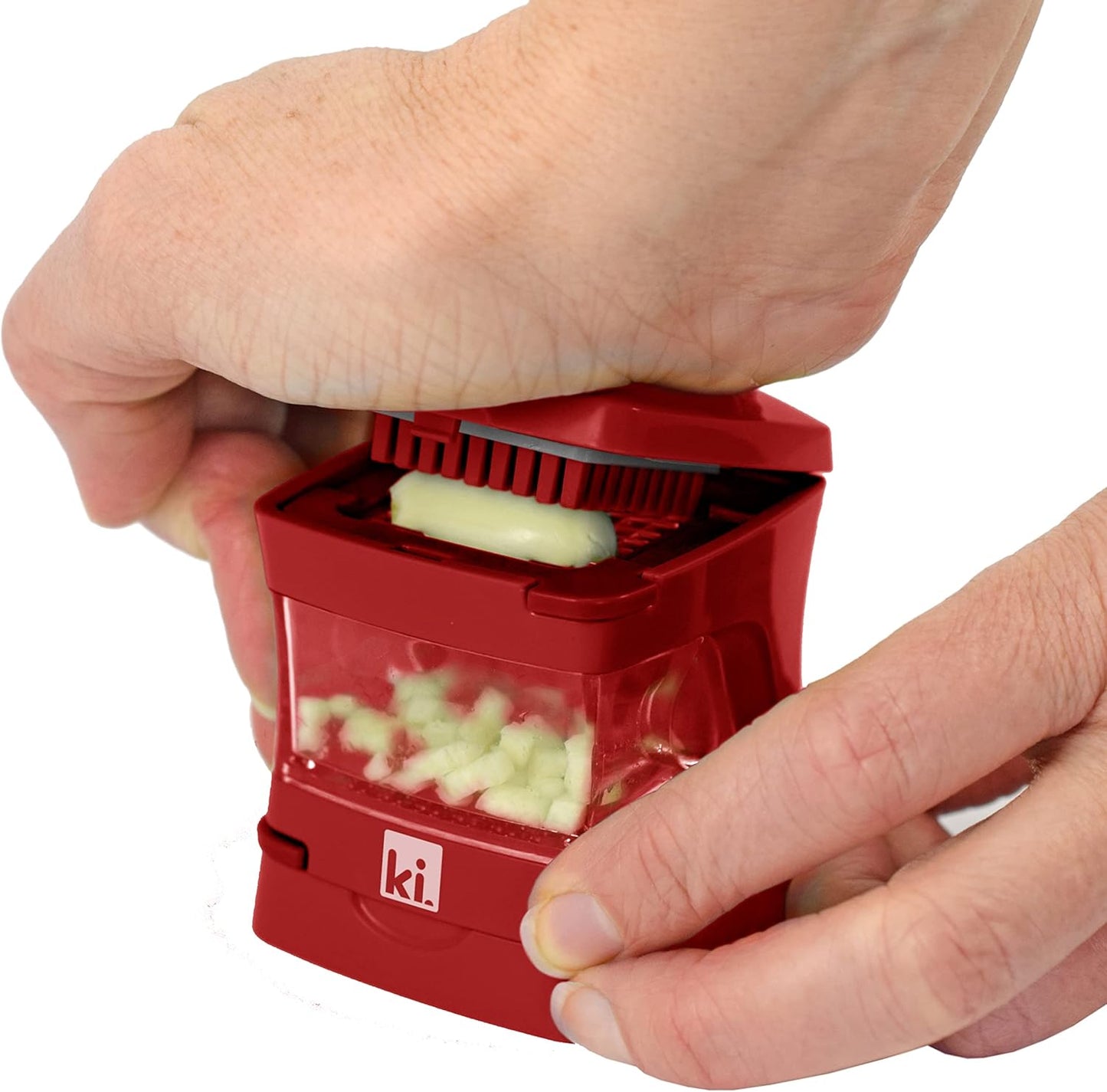 Garlic-A-Peel Garlic Press, Crusher, Cutter, Mincer, and Storage Container - Includes Silicone Garlic Peeler - Easy to Clean - Stainless Steel Blades – (Red), standard - HomeSpice