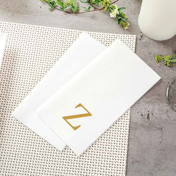 Luxenap 15.8 X 7.9 Inch Linen-Feel Guest Towels, 50 Lettered Hand Towels - Gold Letter 'Z', Sans Serif Font, White Paper Dinner Napkins, airlaid, For Restrooms And Tables - Restaurantware
