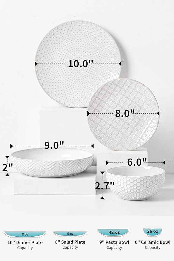 24-Piece Ceramic Dinnerware Set,Large Plates and Bowls Set for 6,Elegant Dish Set for Families & Entertaining–Microwave & Dishwasher Safe Tableware (Double Bowl)