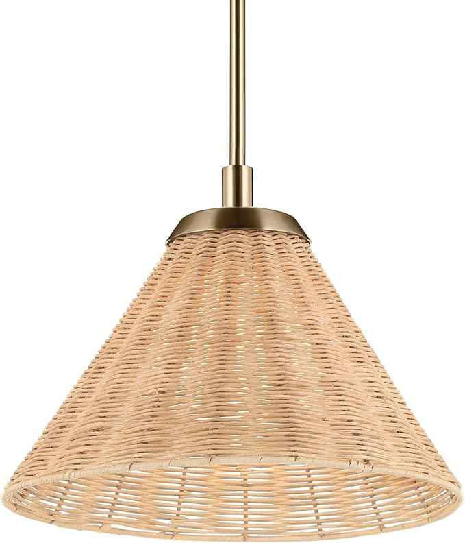 Kichler Bekah 1-Light Convertible Pendant, Global Boho LIght with Opal Glass and Handwoven Rattan Shade in Champagne Bronze, Sloped Ceiling Compatible, for Kitchen or Foyer (10.75" x 14.25"), 52728CPZ