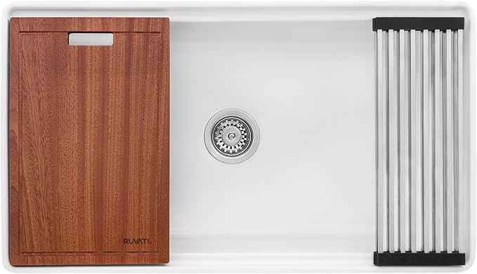 Ruvati 33 inch Fireclay Workstation Kitchen Sink - White Farmhouse Kitchen Sinks - Apron Front Sinks Single Bowl - MADE IN ITALY- RVL2387WH
