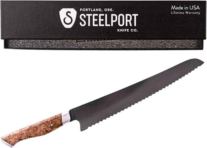 STEELPORT 10 Inch Bread Knife – Heirloom Quality Carbon Steel Serrated Knife for Sourdough, Artisan Loaves | Handmade Bread Cutting Tool with contoured Oregon Big Leaf Maple Burl Handle | Made in USA