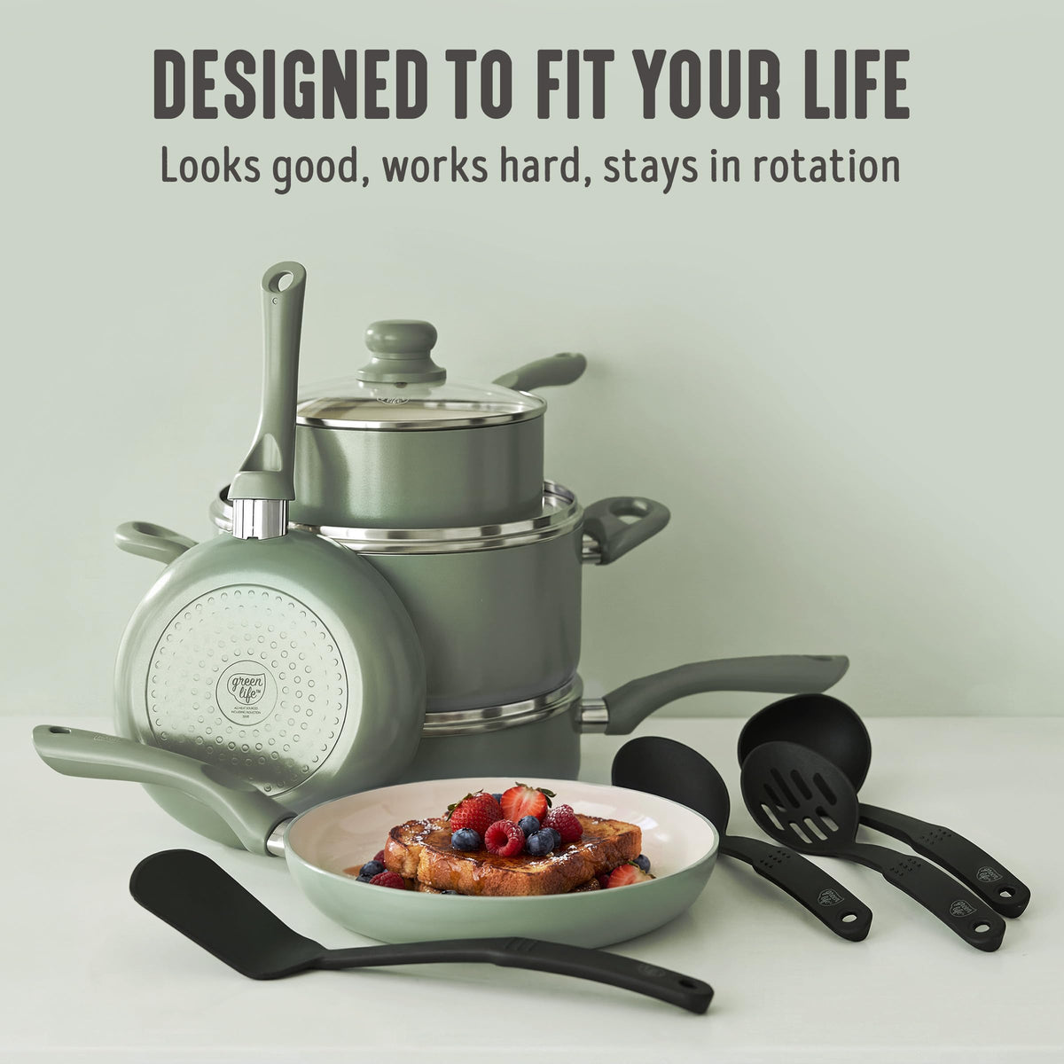 16pc Ceramic Nonstick Pots & Pans Cookware Set (16 Piece Cookware Set / Bloom / Sage Green)
