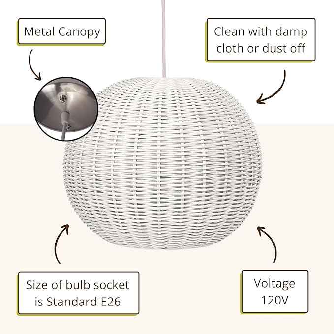 KOUBOO Lamp Wicker Ball Pendant – Boho Rattan Ceiling Light Fixture for Dining Room, Kitchen Island & Living Room Décor – Modern Farmhouse Pendant Light Shade, White